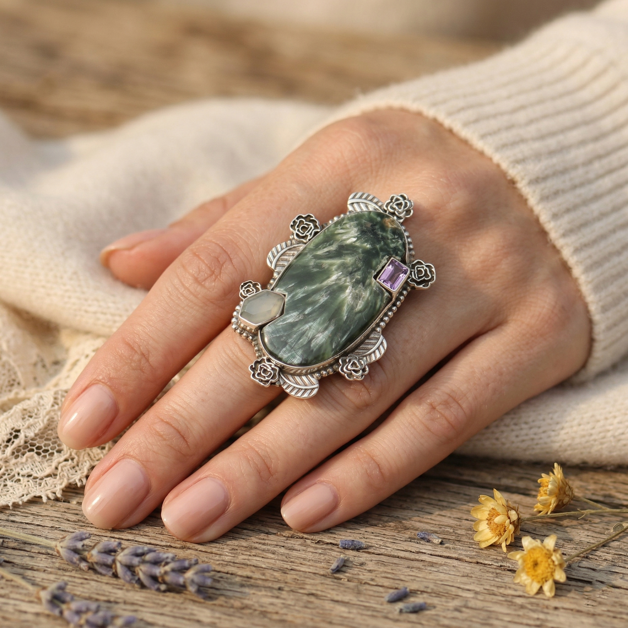 Feather Light Seraphinite Multi-Stone Statement Ring – 925 Sterling Silver