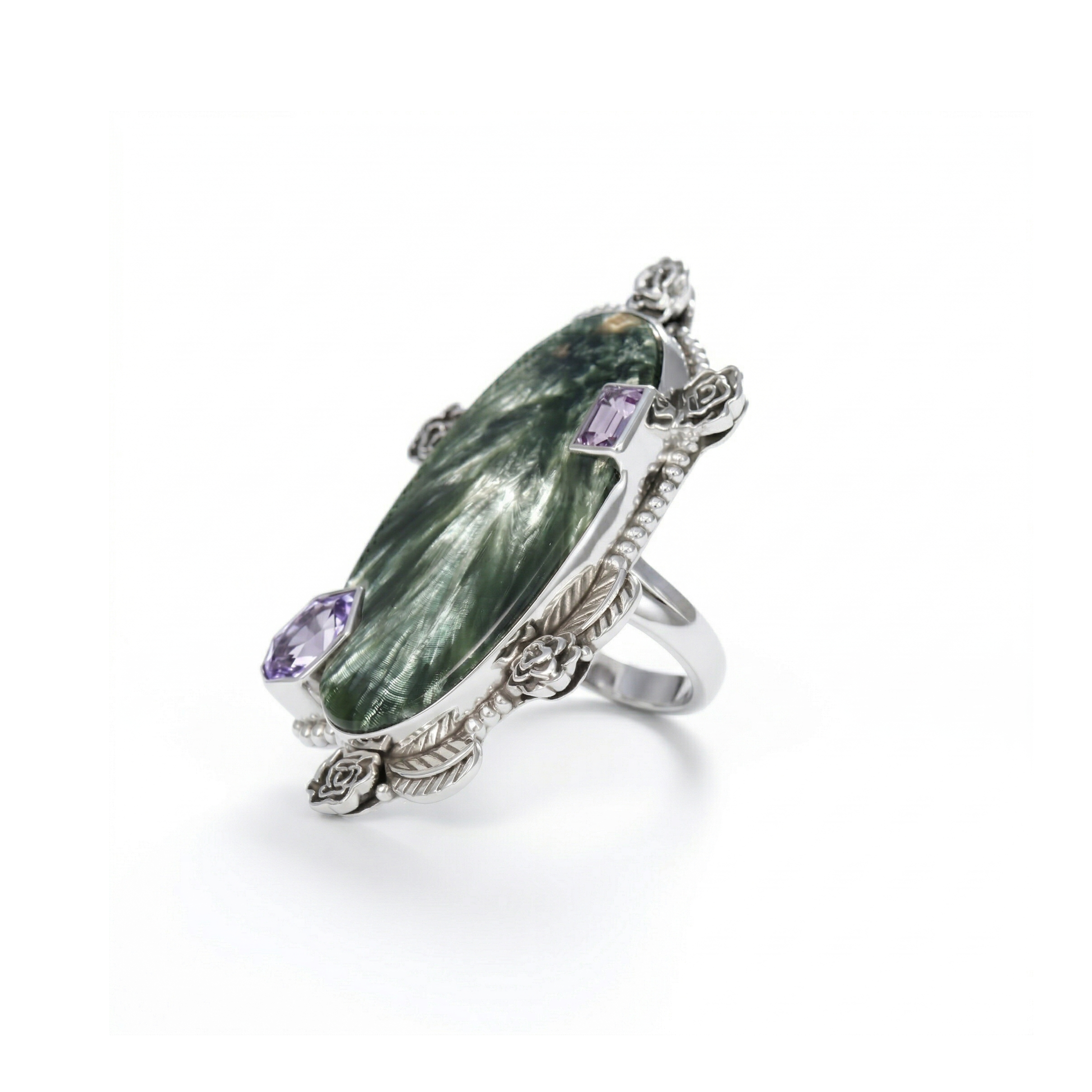 Feather Light Seraphinite Multi-Stone Statement Ring – 925 Sterling Silver
