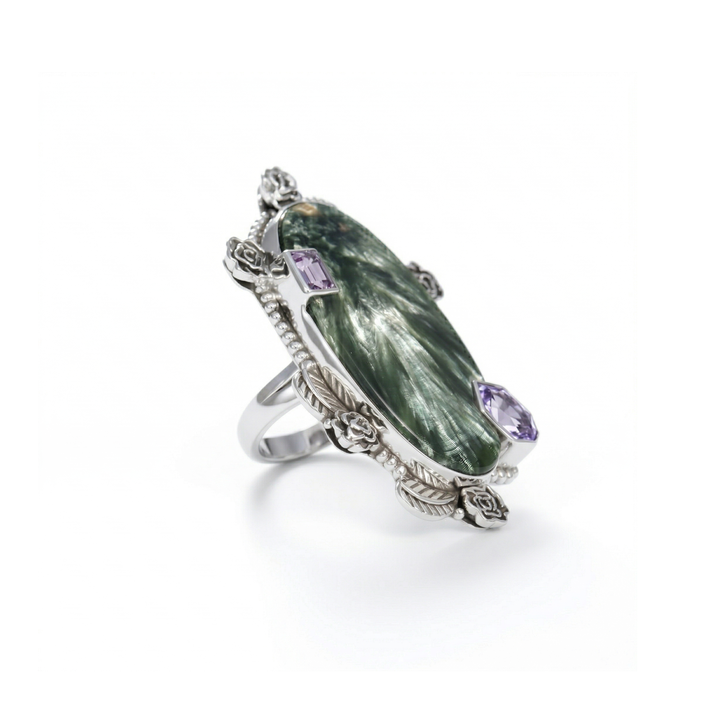 Feather Light Seraphinite Multi-Stone Statement Ring – 925 Sterling Silver