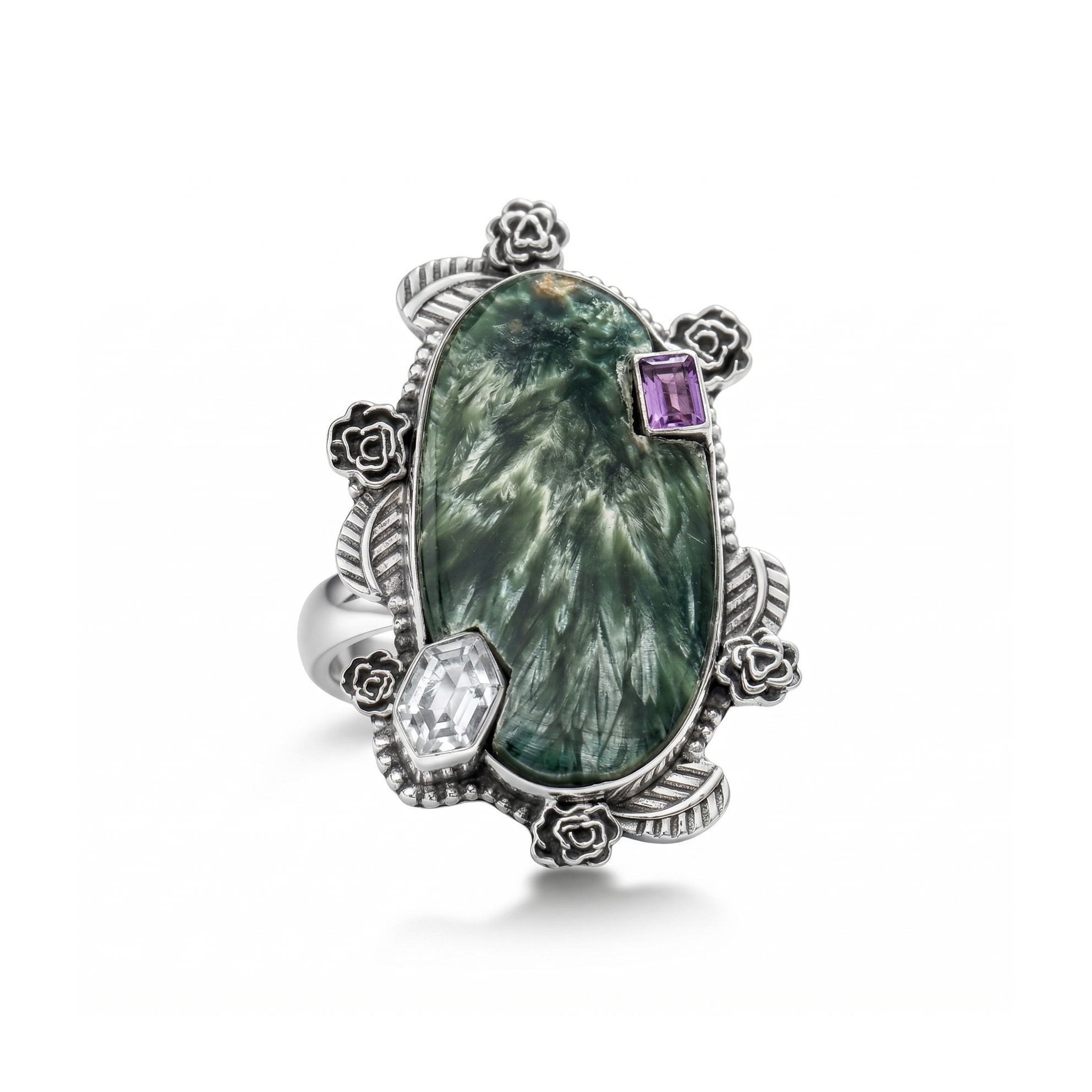 Feather Light Seraphinite Multi-Stone Statement Ring – 925 Sterling Silver