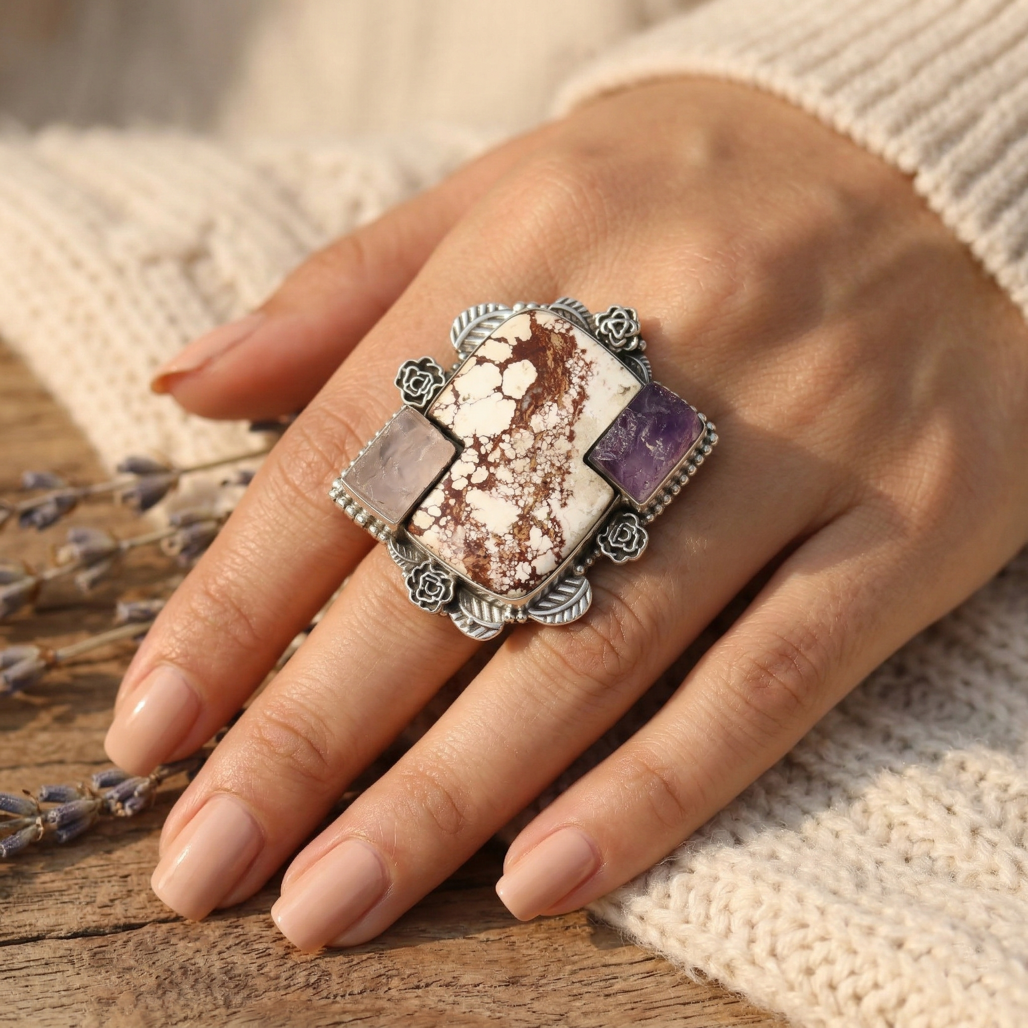 Desert Muse White Buffalo Multi-Stone Statement Ring – 925 Sterling Silver