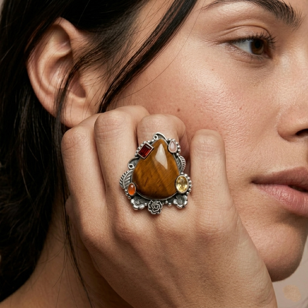 Golden Ember Tiger Eye Multi-Stone Statement Ring – 925 Sterling Silver