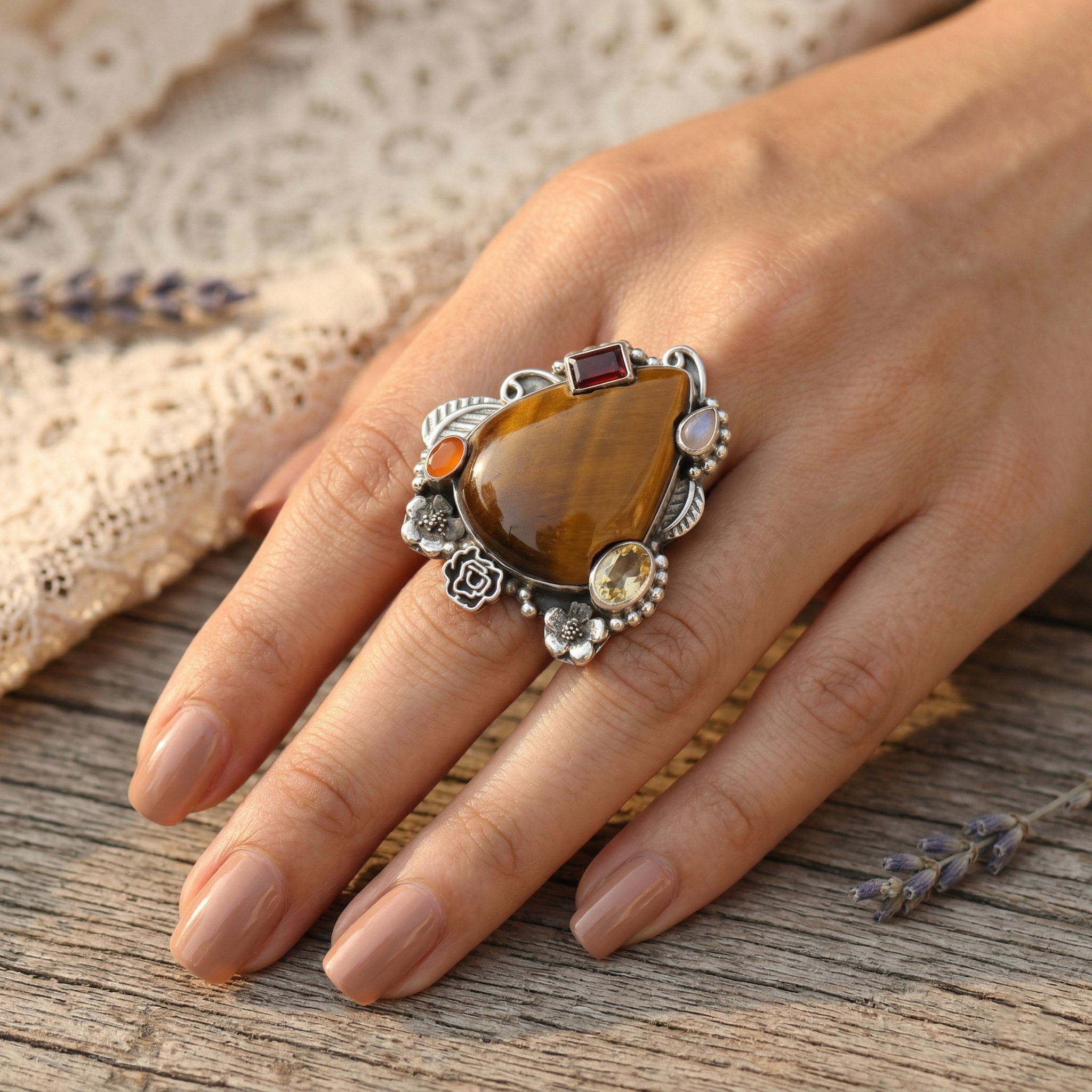 Golden Ember Tiger Eye Multi-Stone Statement Ring – 925 Sterling Silver