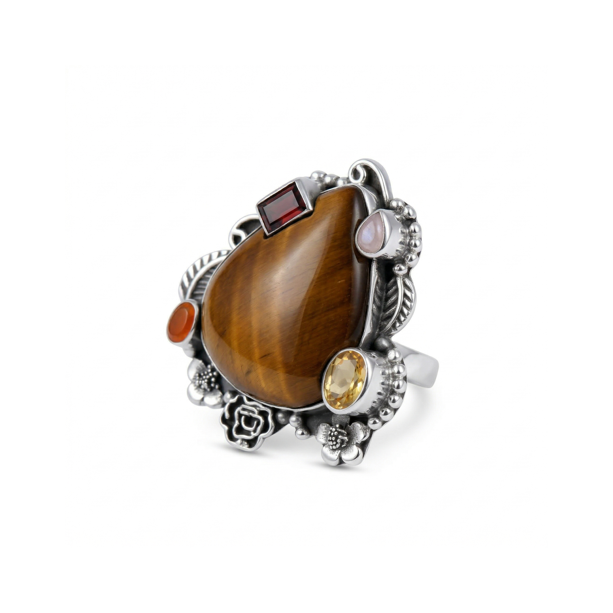 Golden Ember Tiger Eye Multi-Stone Statement Ring – 925 Sterling Silver