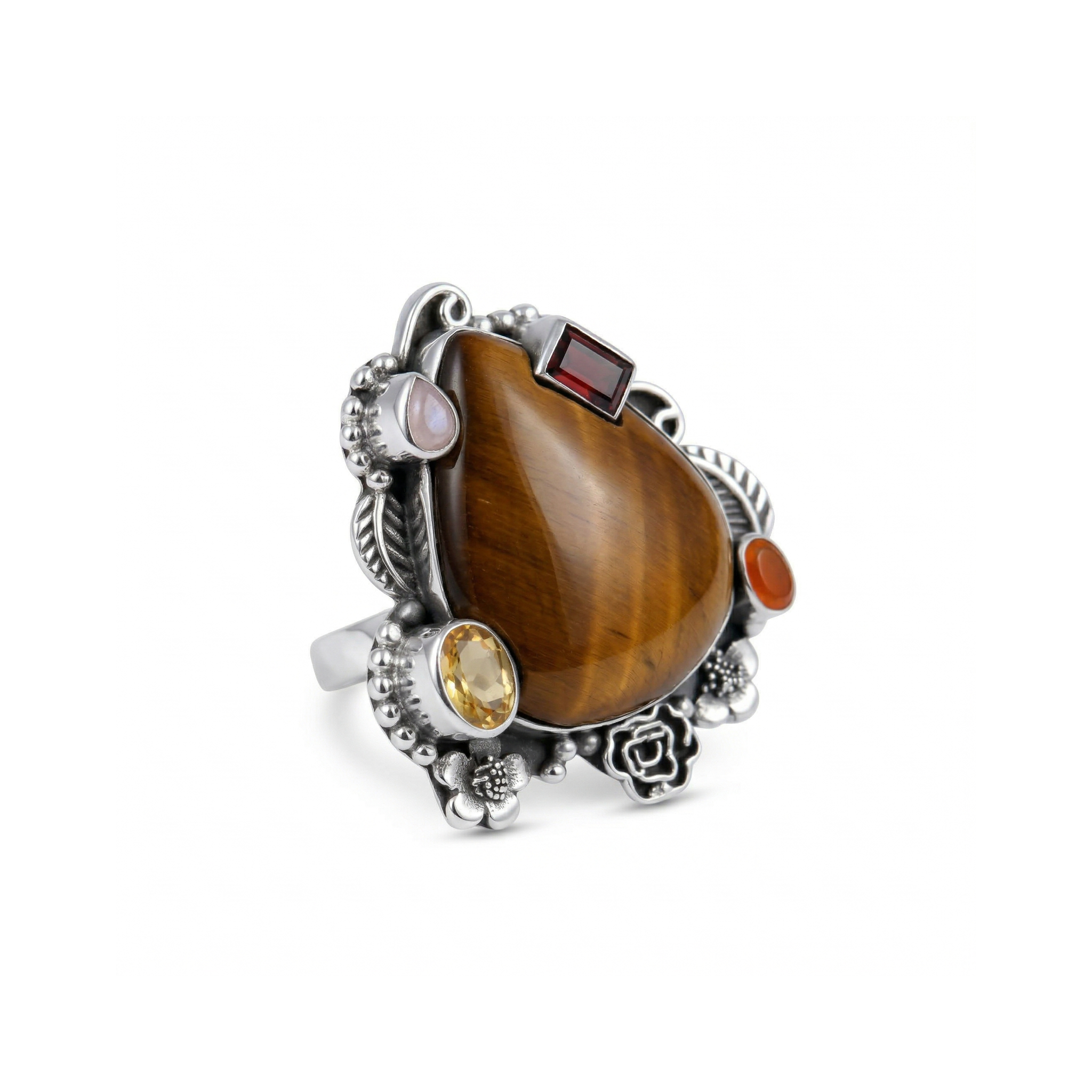Golden Ember Tiger Eye Multi-Stone Statement Ring – 925 Sterling Silver
