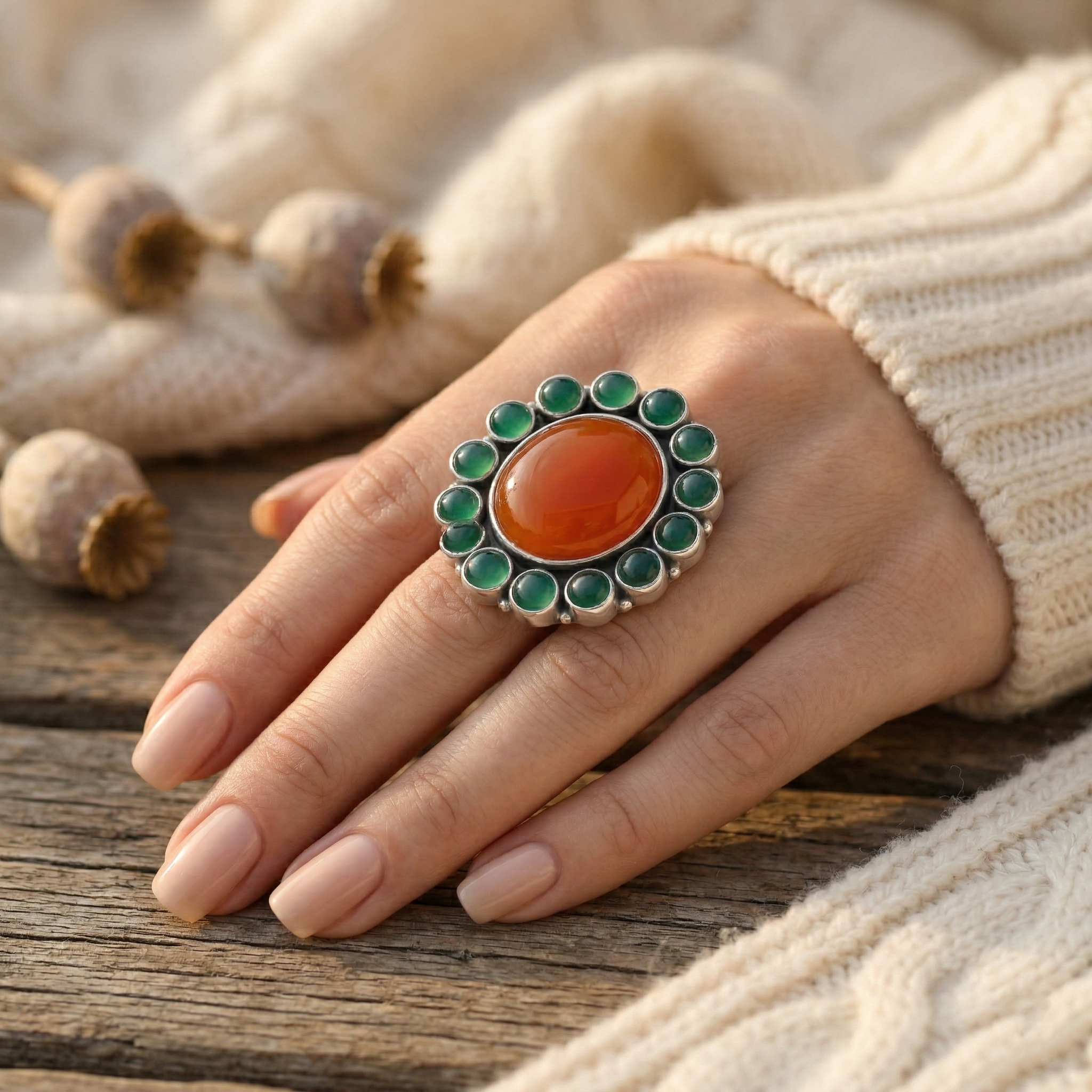 Solar Bloom Carnelian & Green Onyx Statement Ring – 925 Sterling Silver
