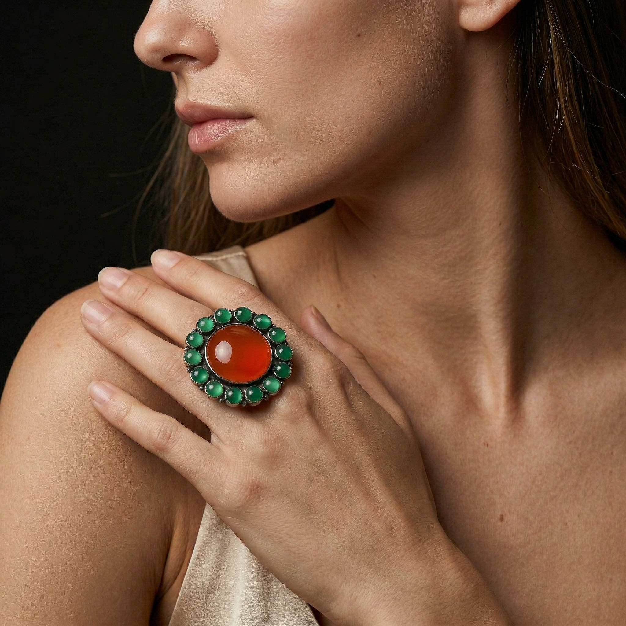 Solar Bloom Carnelian & Green Onyx Statement Ring – 925 Sterling Silver
