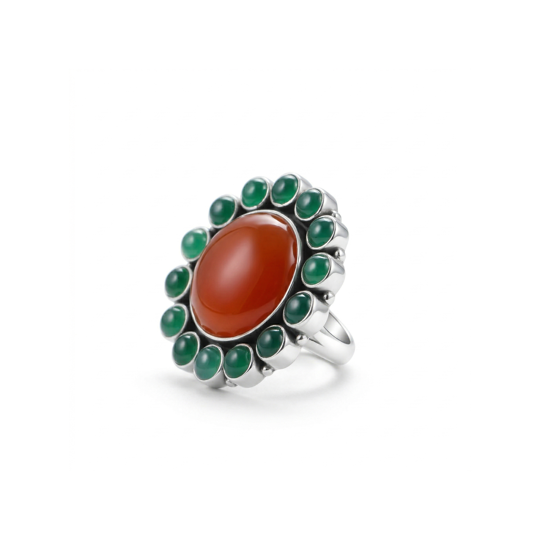 Solar Bloom Carnelian & Green Onyx Statement Ring – 925 Sterling Silver
