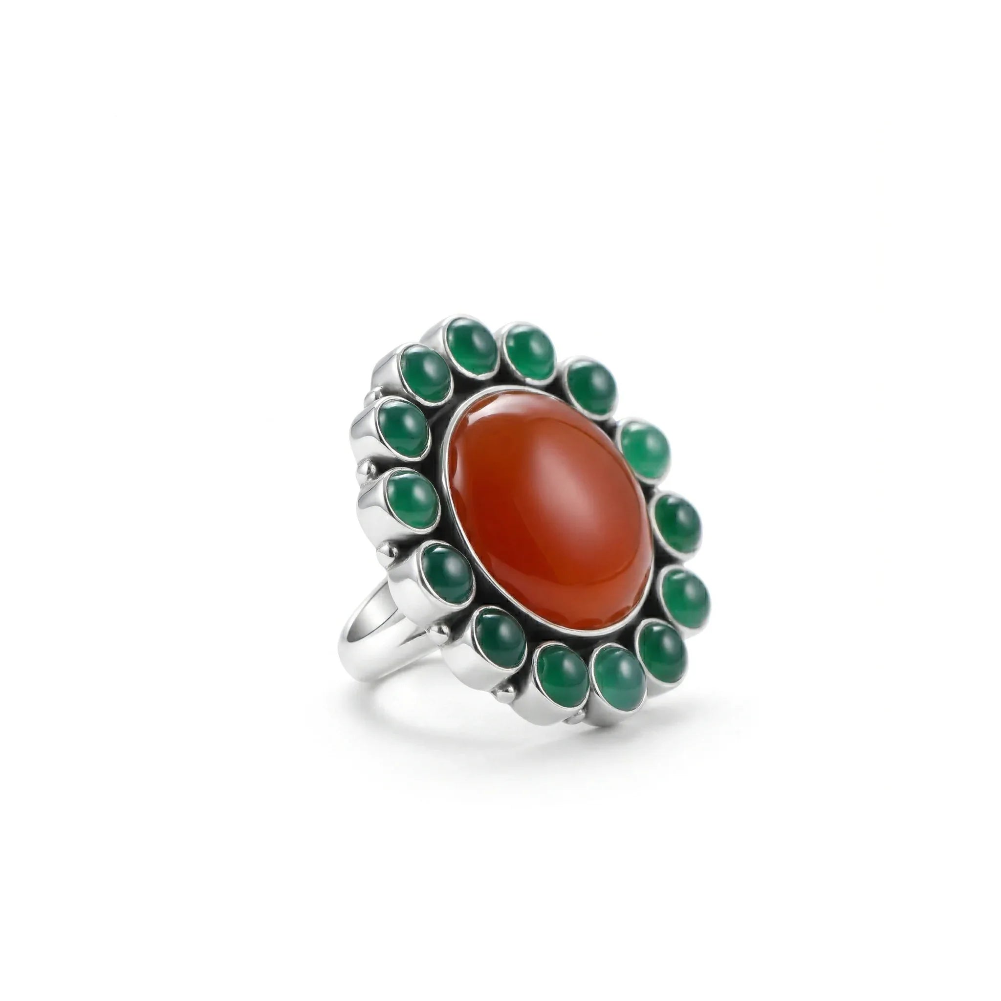 Solar Bloom Carnelian & Green Onyx Statement Ring – 925 Sterling Silver