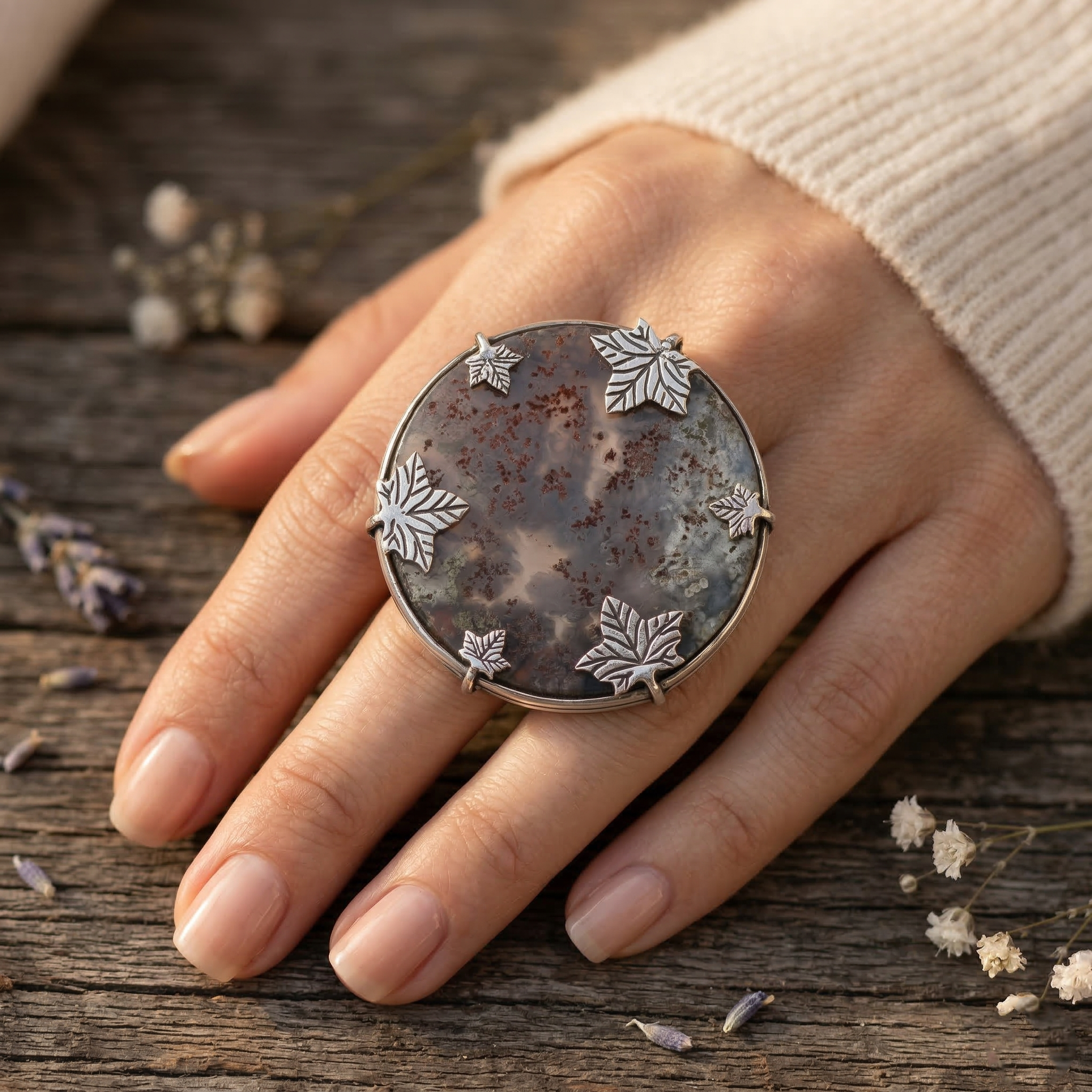 Forest Whisper Dendritic Agate Statement Ring – 925 Sterling Silver