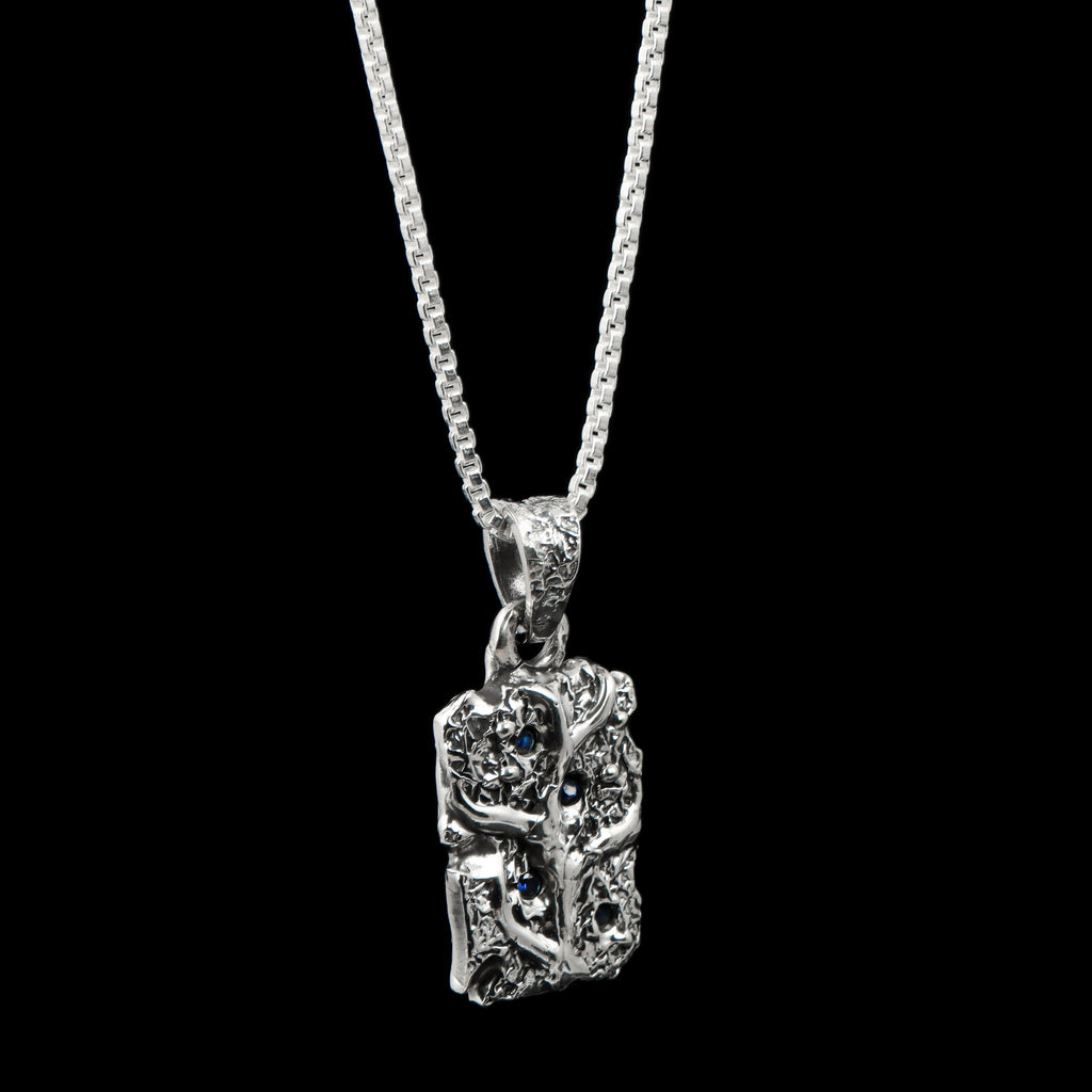 925 Sterling Silver Sculpted Bar Pendant for Men | Oxodize Finish | Handcrafted Statement Pendant with Silver Block Chain