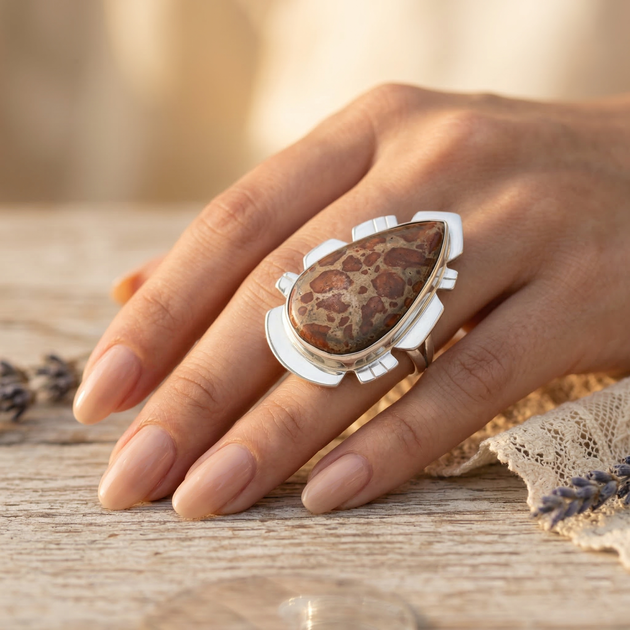 Desert Echo Leopard Skin Jasper Statement Ring – 925 Sterling Silver