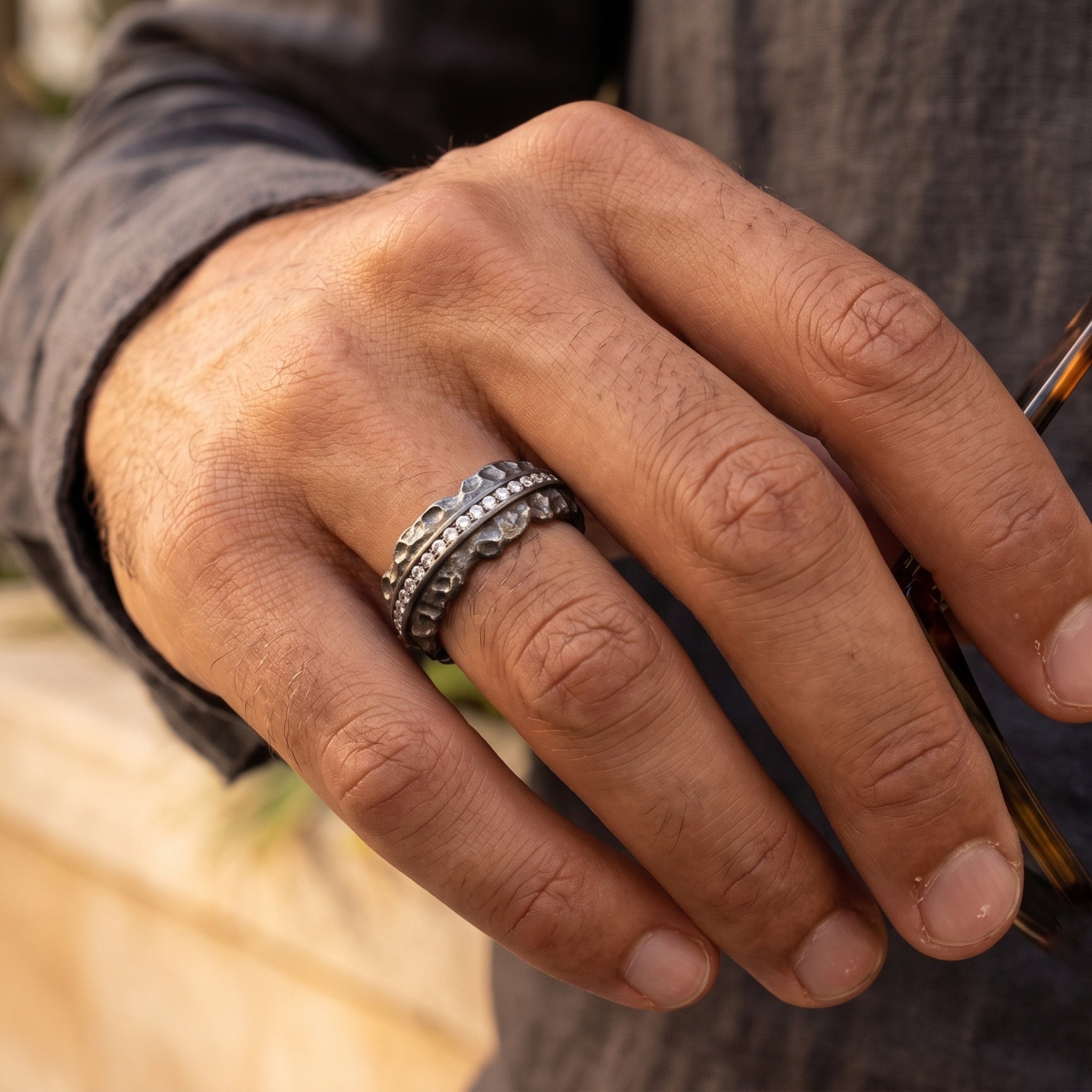 Ridge Moissanite Ring – Black Rhodium 925 Sterling Silver