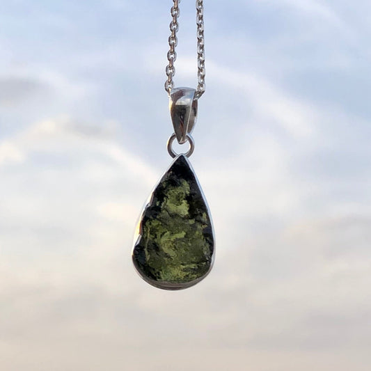 925 Sterling Silver Authentic Pear Shape Rough Moldavite Gemstone Pendant