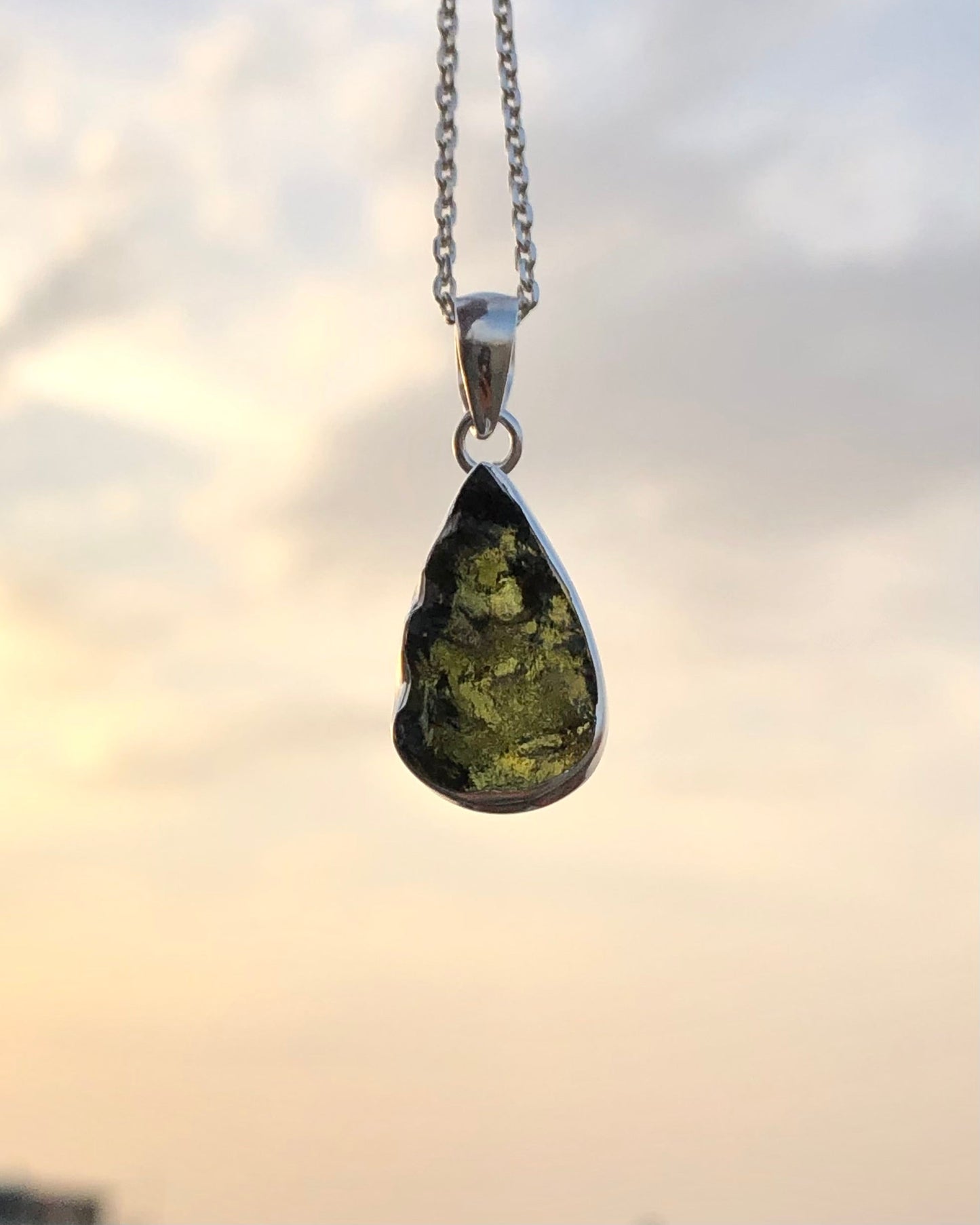 925 Sterling Silver Authentic Pear Shape Rough Moldavite Gemstone Pendant