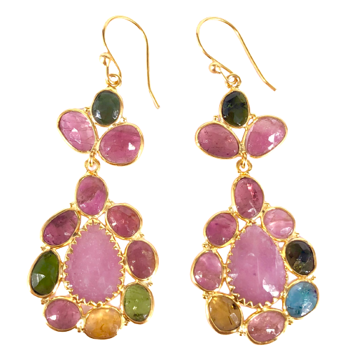 Multi Tourmaline Gemstone Gold Plated Women's Wedding Earrings Gift For Her