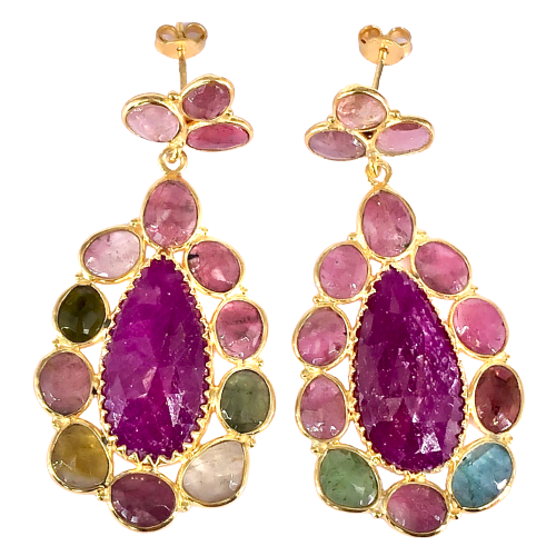 Ruby and Multi Tourmaline Gemstone Gold Plated Women's Statement Earrings