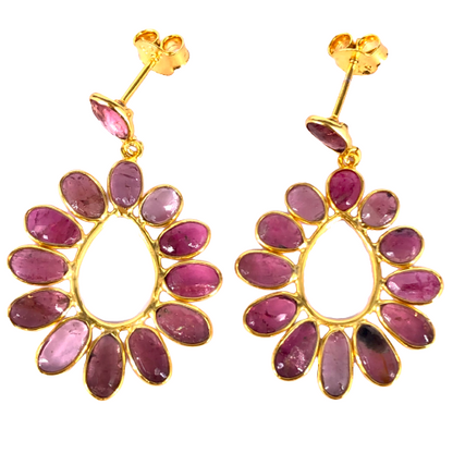 925 Silver Gold Plated Multi Tourmaline Pink Gemstone Women's Earrings Gift For Her