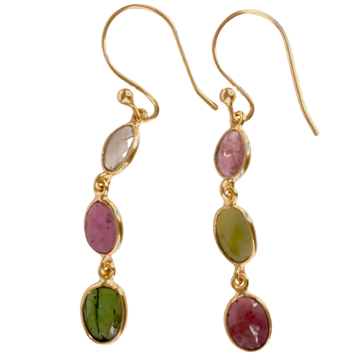 925 Sterling Silver Gold Plated Multi Tourmaline Gemstone Wedding Earrings For Women's