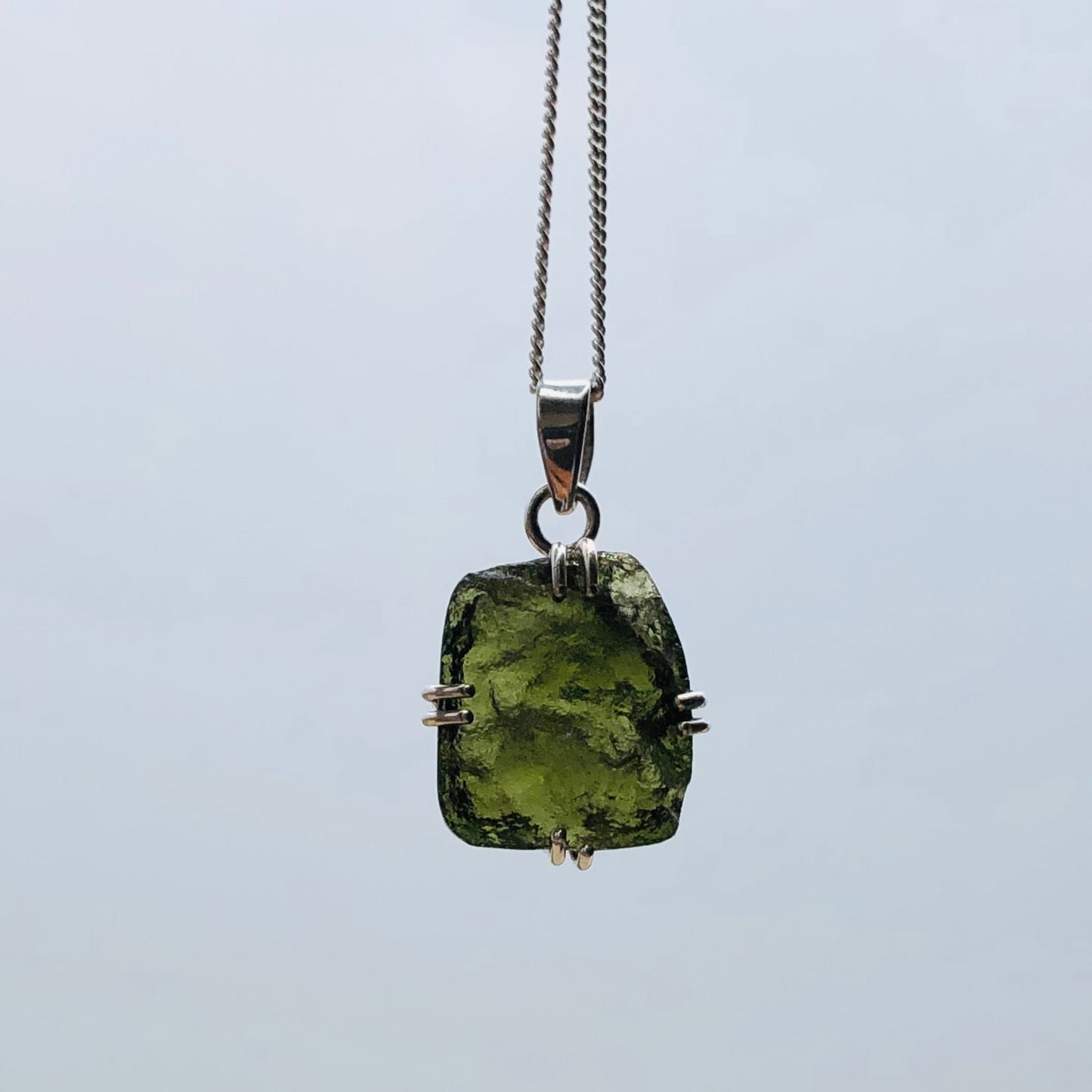 Natural Raw Moldavite Gemstone 925 Sterling Silver Minimalist Pendant