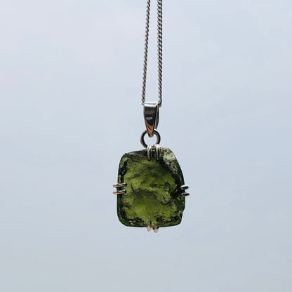 Natural Raw Moldavite Gemstone 925 Sterling Silver Minimalist Pendant