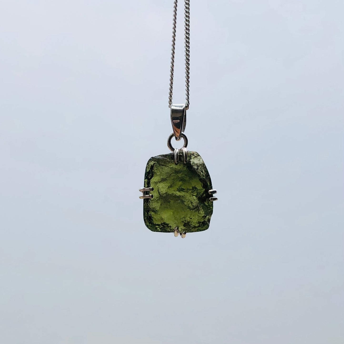 Natural Raw Moldavite Gemstone 925 Sterling Silver Minimalist Pendant