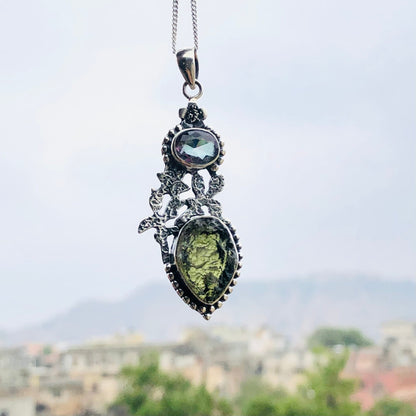 925 Sterling Silver Mystic Topaz and Genuine Moldavite Pendant Gift For Her