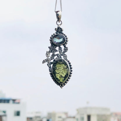 925 Sterling Silver Mystic Topaz and Genuine Moldavite Pendant Gift For Her