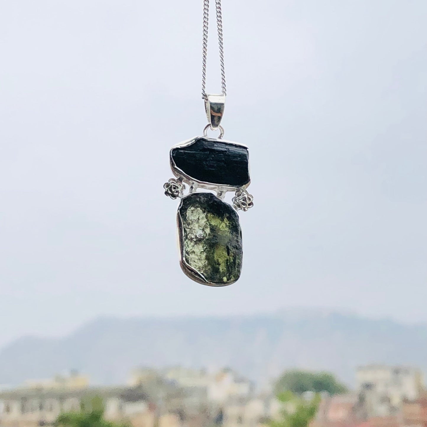 925 Sterling Silver Genuine Moldavite and Black Tourmaline Pendant