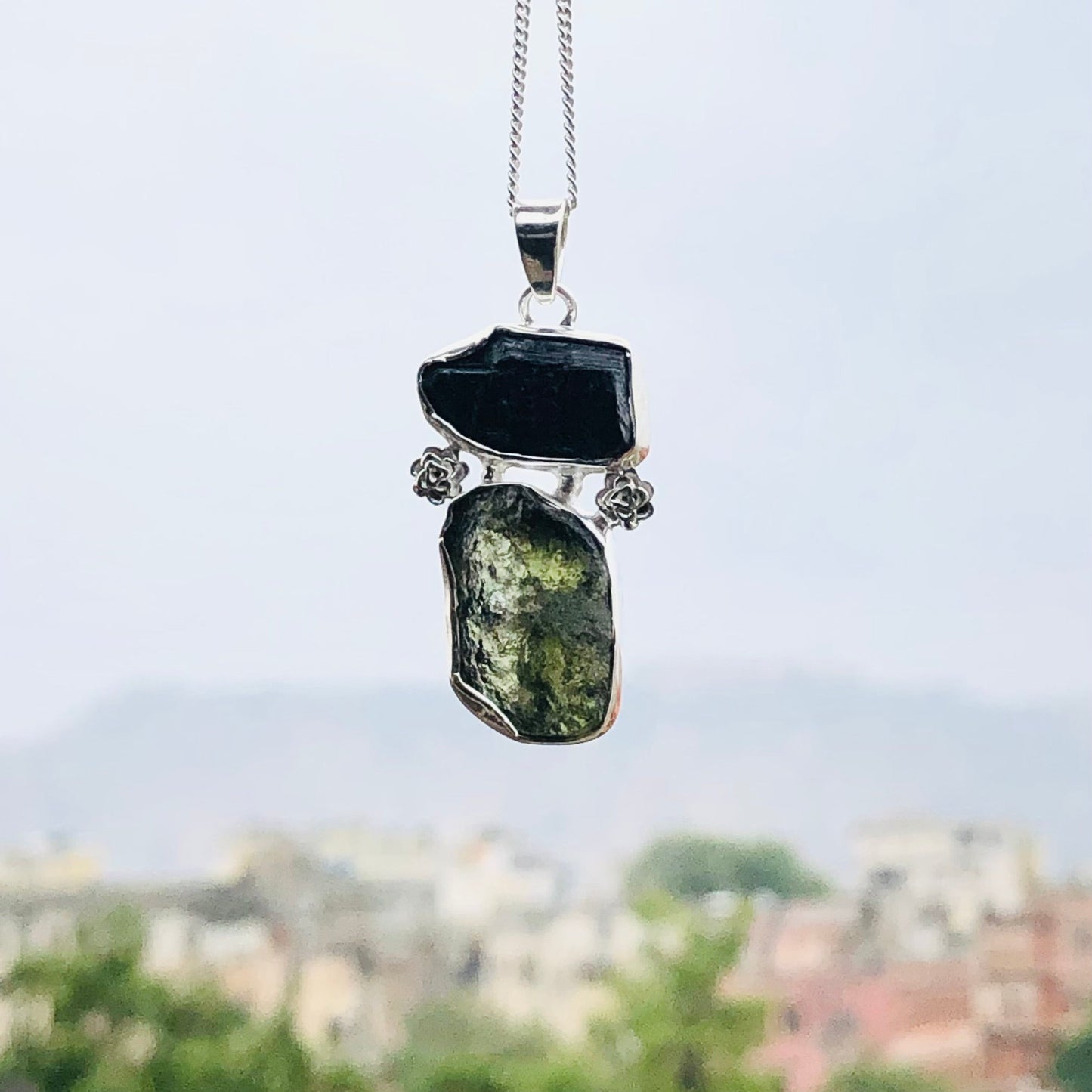 925 Sterling Silver Genuine Moldavite and Black Tourmaline Pendant