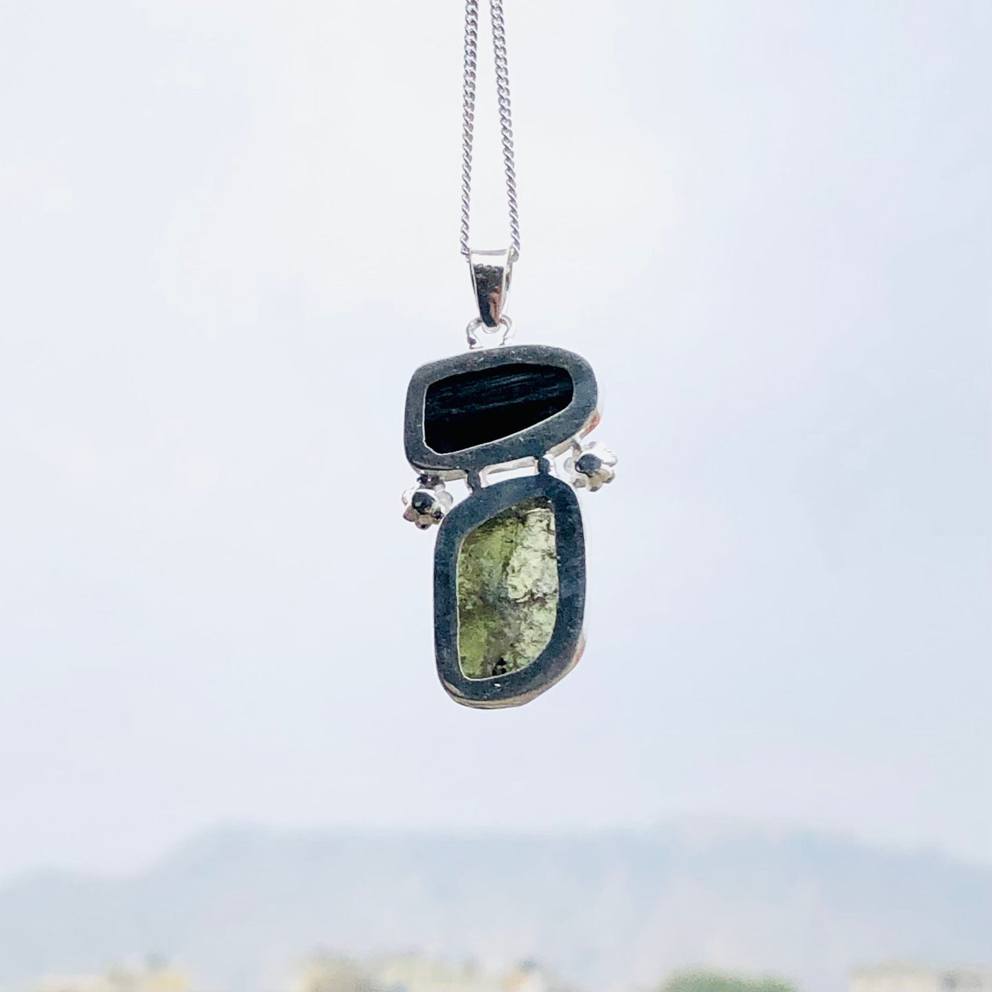 925 Sterling Silver Genuine Moldavite and Black Tourmaline Pendant