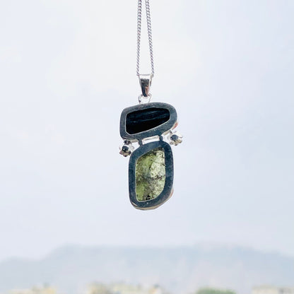 925 Sterling Silver Genuine Moldavite and Black Tourmaline Pendant