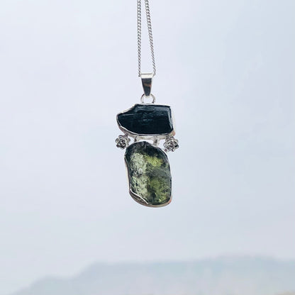 925 Sterling Silver Genuine Moldavite and Black Tourmaline Pendant