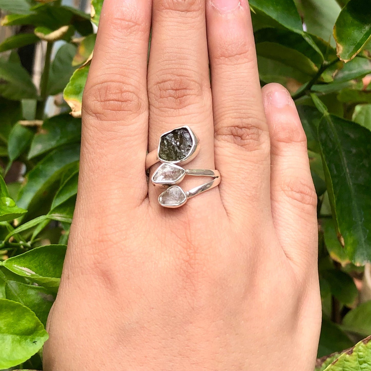 925 Sterling Silver Moldavite and Herkimer Diamond Gemstone Adjustable Design Ring Authentic Czech Moldavite Ring Gift For Her