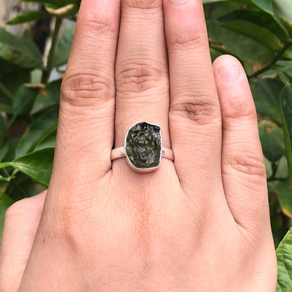 925 Sterling Silver Czech Moldavite Gemstone Ring For Her