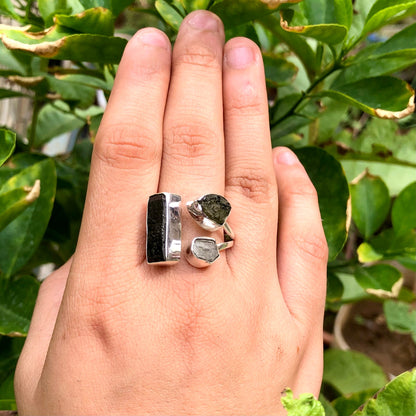 925 Sterling Silver Black Tourmaline, Moldavite and Herkimer Diamond Ring Moldavite Gemstone Adjustable Ring