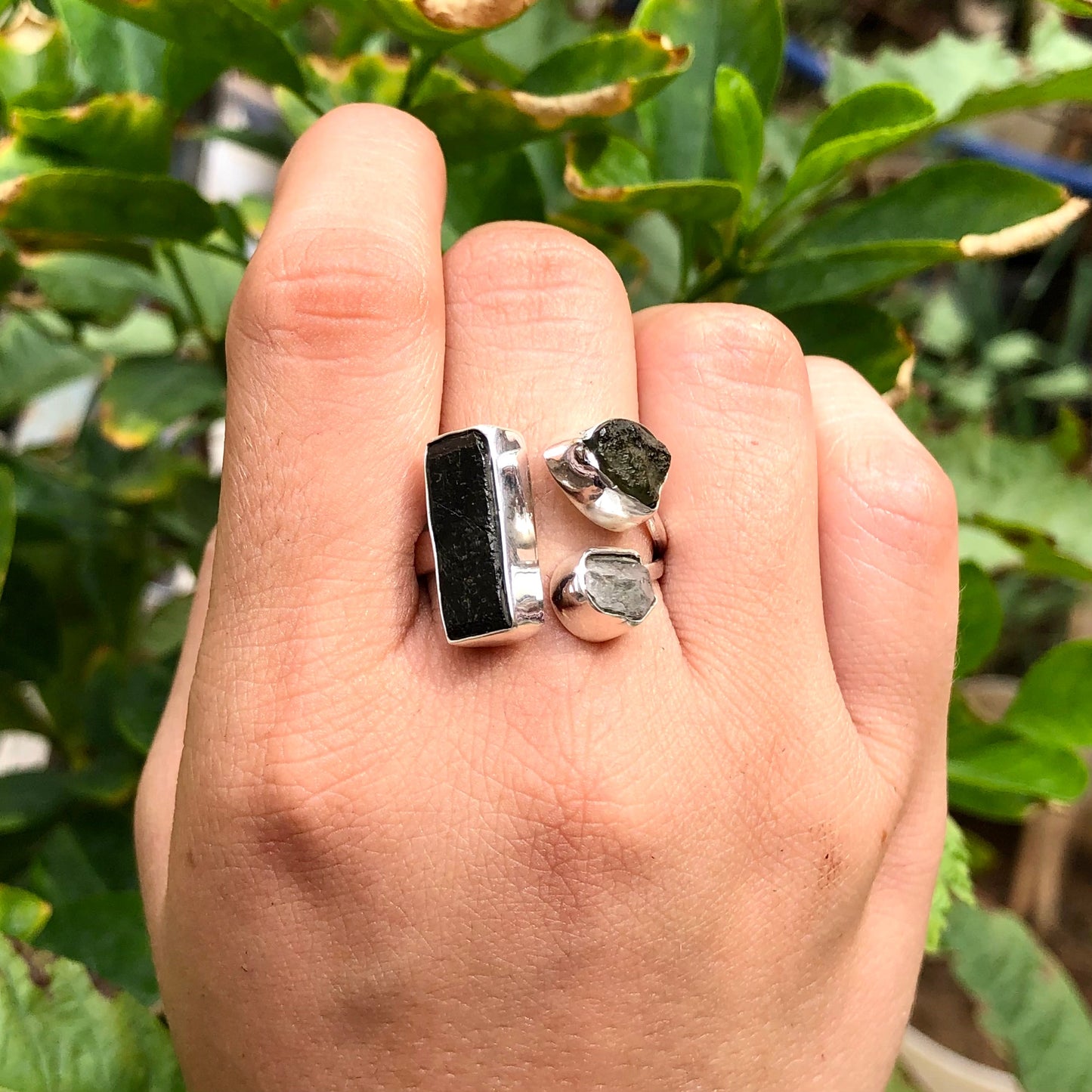 925 Sterling Silver Black Tourmaline, Moldavite and Herkimer Diamond Ring Moldavite Gemstone Adjustable Ring