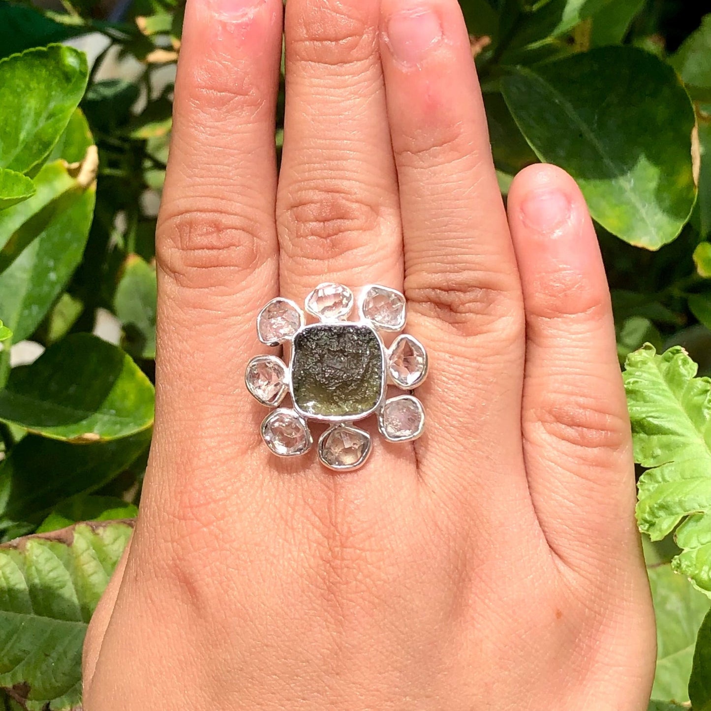 925 Sterling Silver Authentic Czech Republic Moldavite and Herkimer Diamond Gemstone Ring For Her