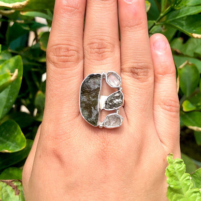 925 Sterling Silver Moldavite, Herkimer Diamond and Meteorite Ring Czech Republic Moldavite Gemstone Ring