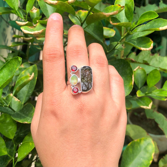 925 Sterling Silver Genuine Moldavite Ring 925 Sterling Silver Opal and Red Garnet Gemstone Ring