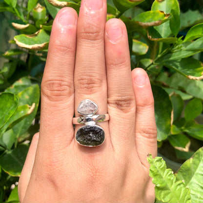 Authentic Moldavite Gemstone Ring 925 Sterling Silver Moldavite and Herkimer Diamond Gemstone Ring