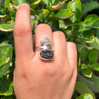 Authentic Moldavite Gemstone Ring 925 Sterling Silver Moldavite and Herkimer Diamond Gemstone Ring