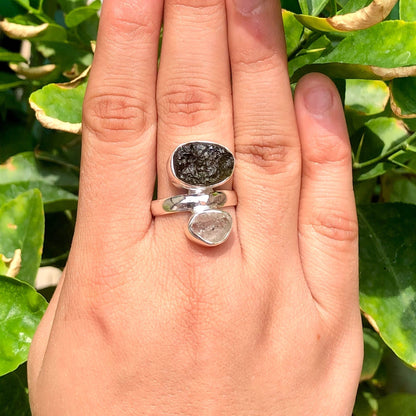 Authentic Moldavite Gemstone Ring 925 Sterling Silver Moldavite and Herkimer Diamond Gemstone Ring