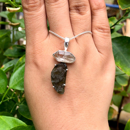 Sterling Silver Authentic Moldavite and Herkimer Diamond Gemstone Pendant Jewelry