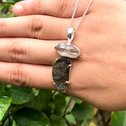 Sterling Silver Authentic Moldavite and Herkimer Diamond Gemstone Pendant Jewelry