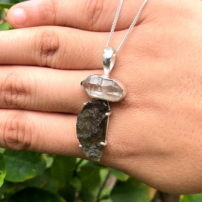 Sterling Silver Authentic Moldavite and Herkimer Diamond Gemstone Pendant Jewelry