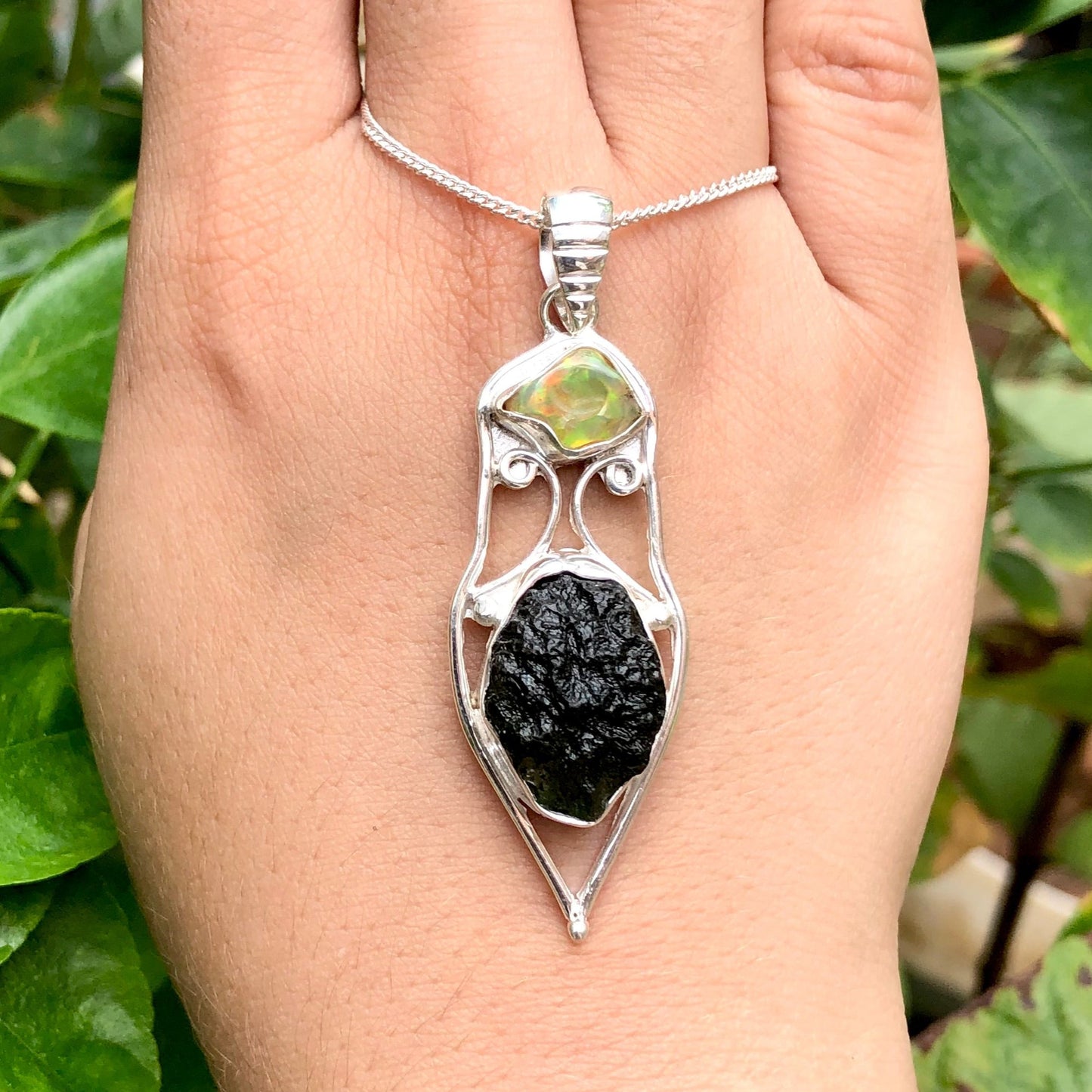 Genuine Czech Moldavite and Opal Gemstone 925 Sterling Silver Pendant For Women