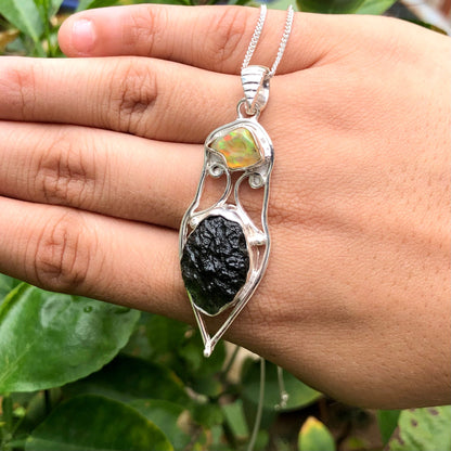 Genuine Czech Moldavite and Opal Gemstone 925 Sterling Silver Pendant For Women