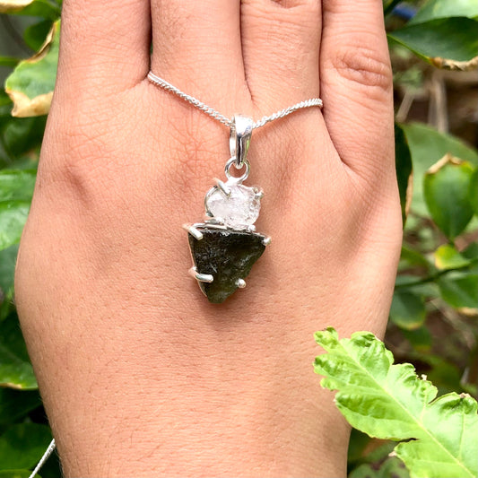 Sterling Silver Authentic Moldavite and Herkimer Diamond Gemstone Pendant Jewelry