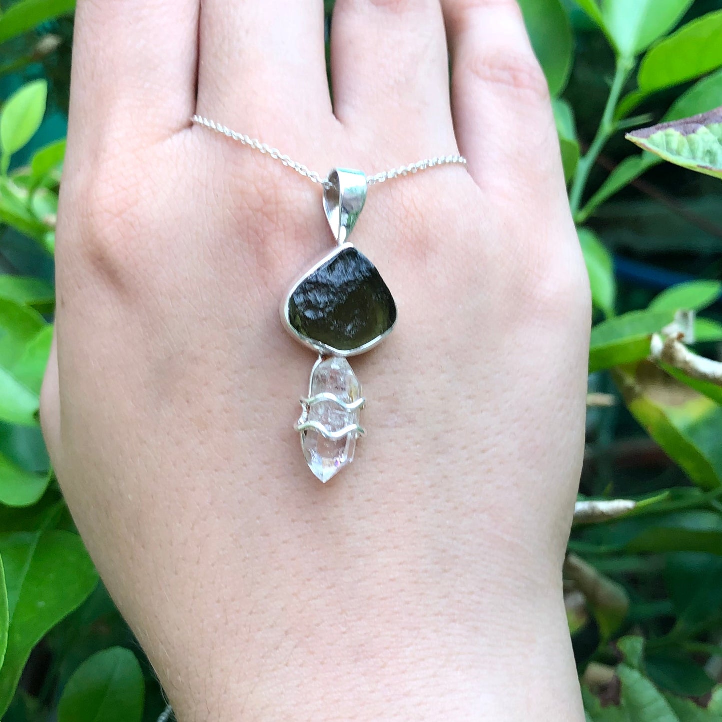 925 Sterling Silver Raw Authentic Moldavite and Herkimer Diamond Pendant Gift For Her